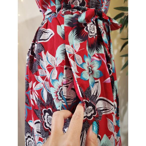 Talbots Floral Cotton A-Line Tie Waist Sleeveless Dress Size 10 Pockets Red - Picture 7 of 11